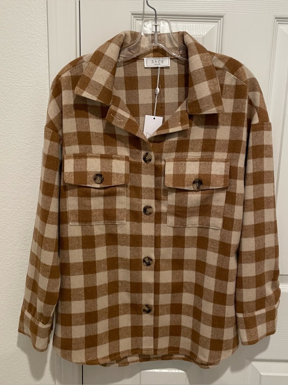 SAGE The Label - Womens Sz Small - Shirt Jacket Shacket - Tan, Flannel, Soft NWT